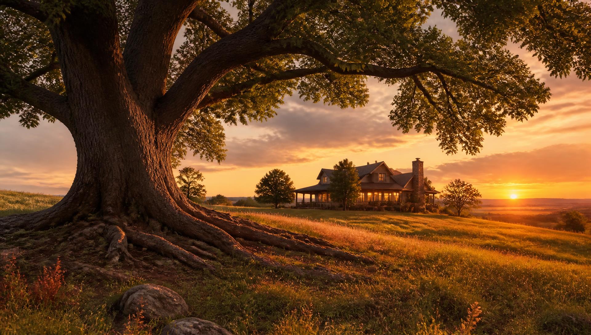 Warm sunset over an Oklahoma prairie home with deep roots and a welcoming tree