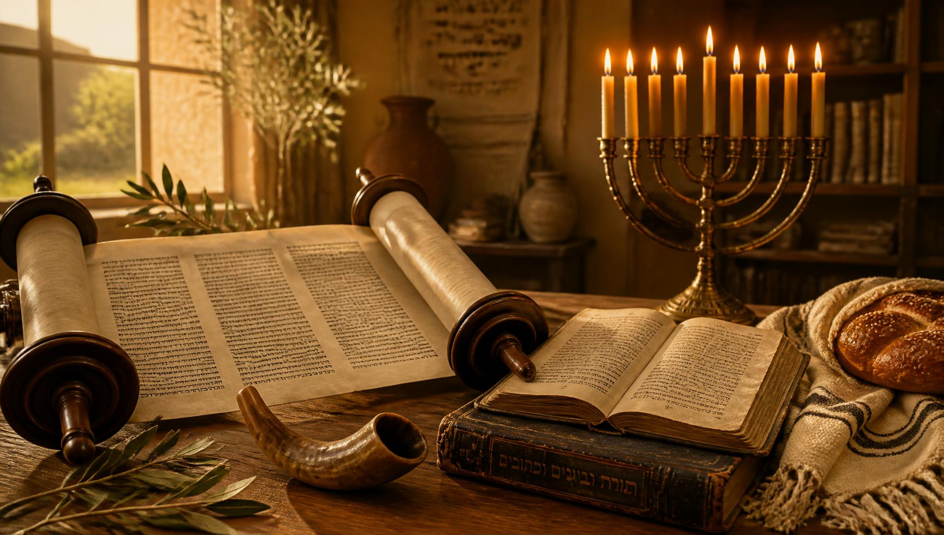 Open Torah scroll, menorah, shofar and challah on a warm wooden table