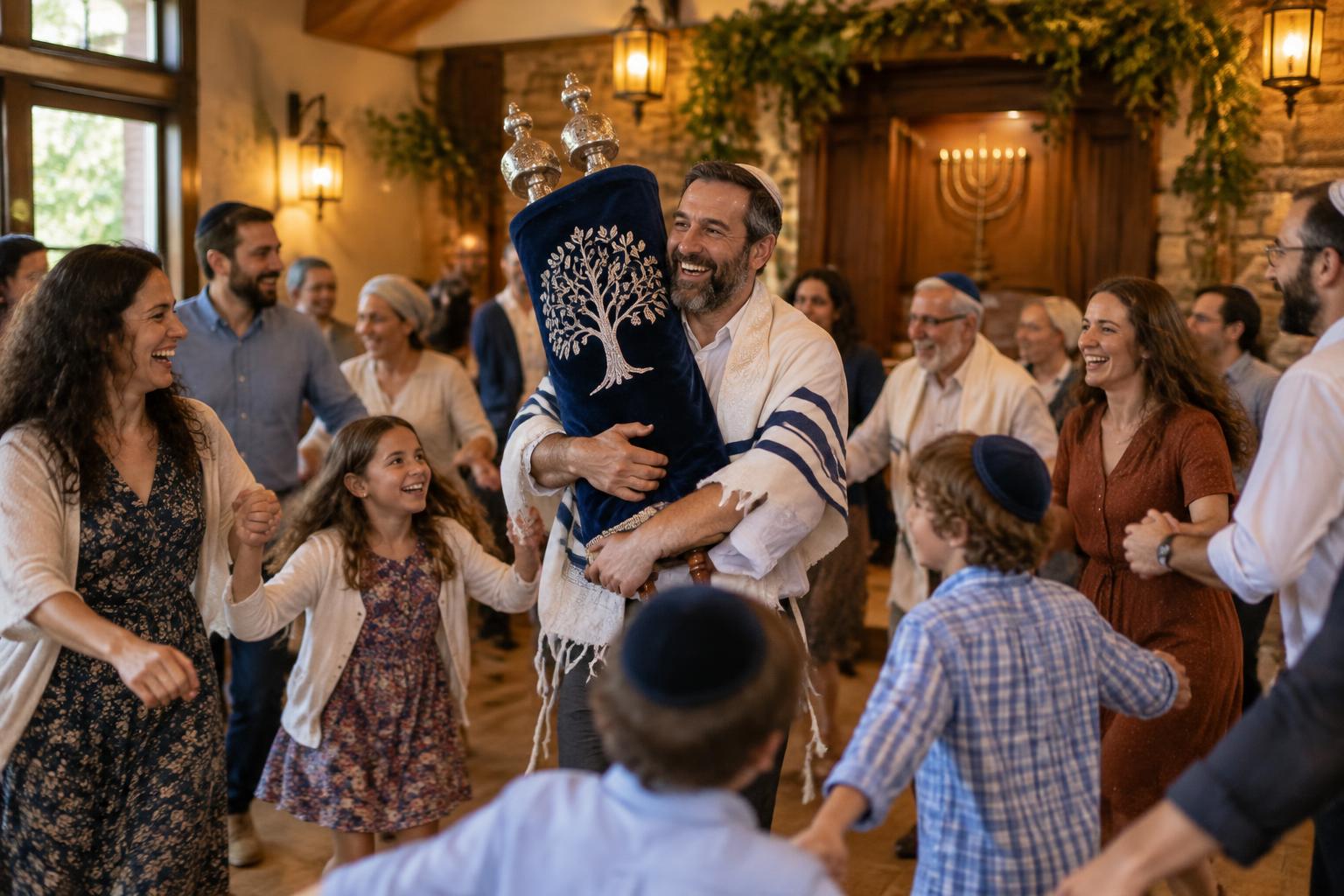 Illustration of a community rejoicing together with a Torah scroll