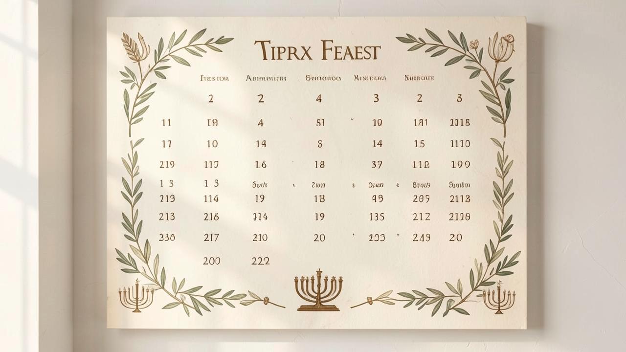A biblical feast calendar chart with olive branches and menorah motifs