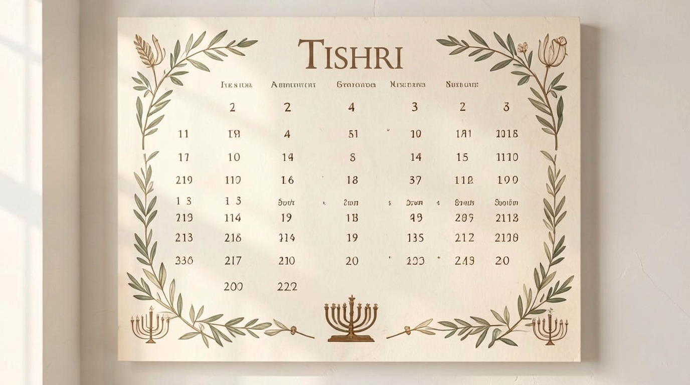 A biblical feast calendar chart with olive branches and menorah motifs