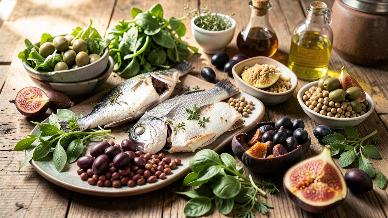 Fresh fish, greens, olives, figs and olive oil on a rustic table