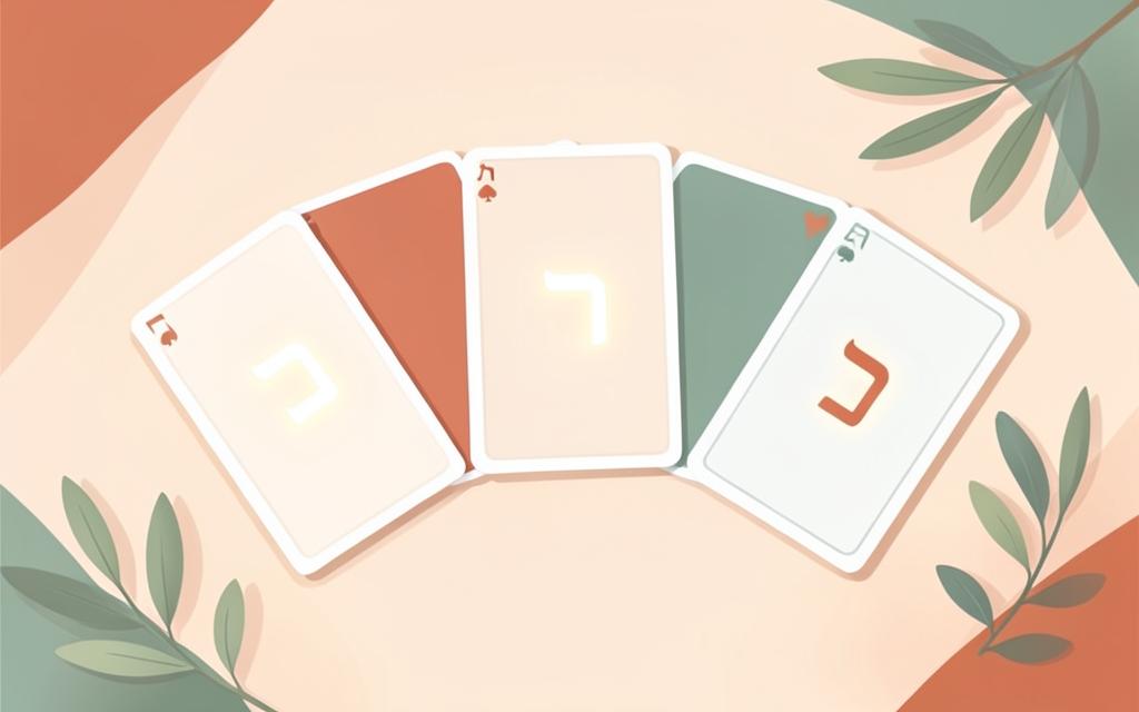 Elegant Scripture memory cards with Hebrew letters, olive branches and warm peach-cream tones