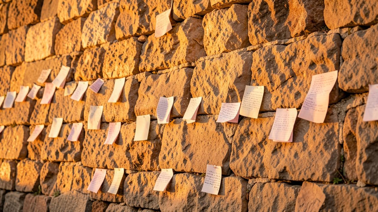 Folded prayer notes tucked between the stones of a wall at golden hour