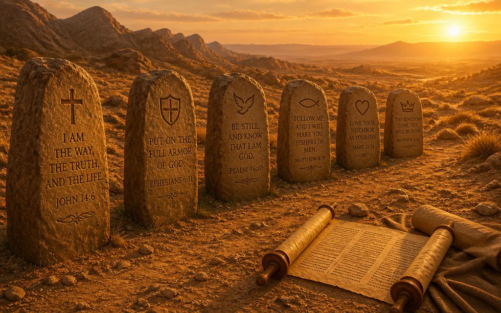 Six carved Scripture stones along a desert path with an open scroll at sunset
