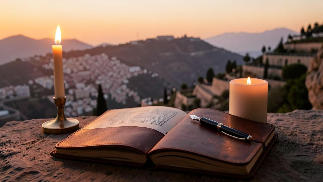 An open leather journal and pen by candlelight overlooking the hills at dawn